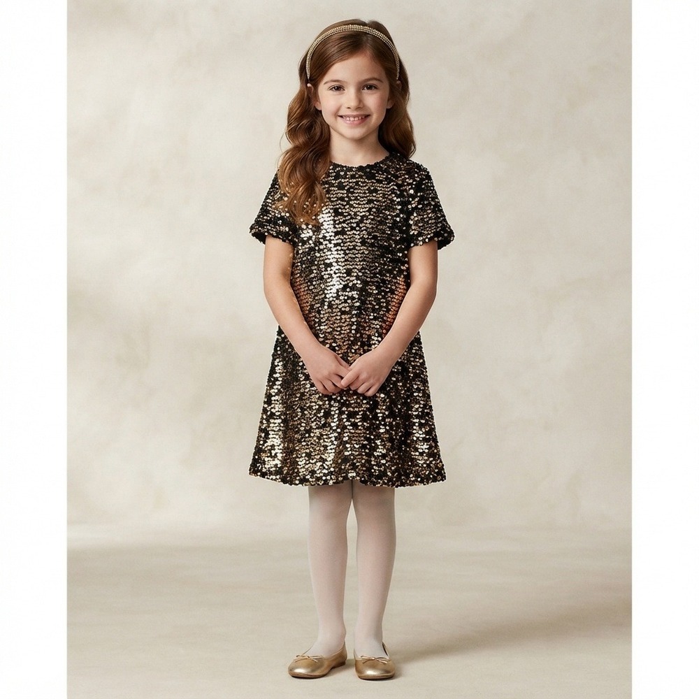 Zara Sequin Dress Kids Size 6 Gold Excellent Shimmer Short Sleeve A-Line